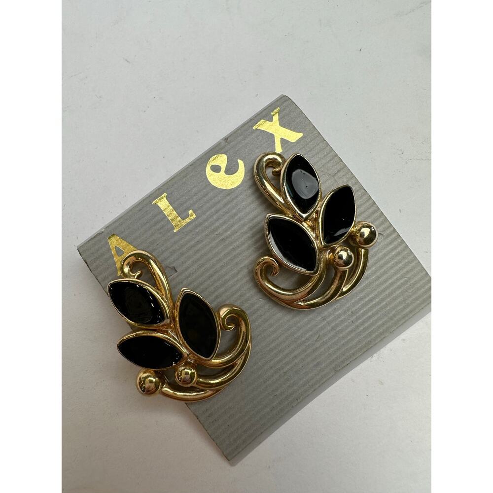Vintage Alex Goldtone + Black Enamel Earrings 90s 1" Retro Glam NWT